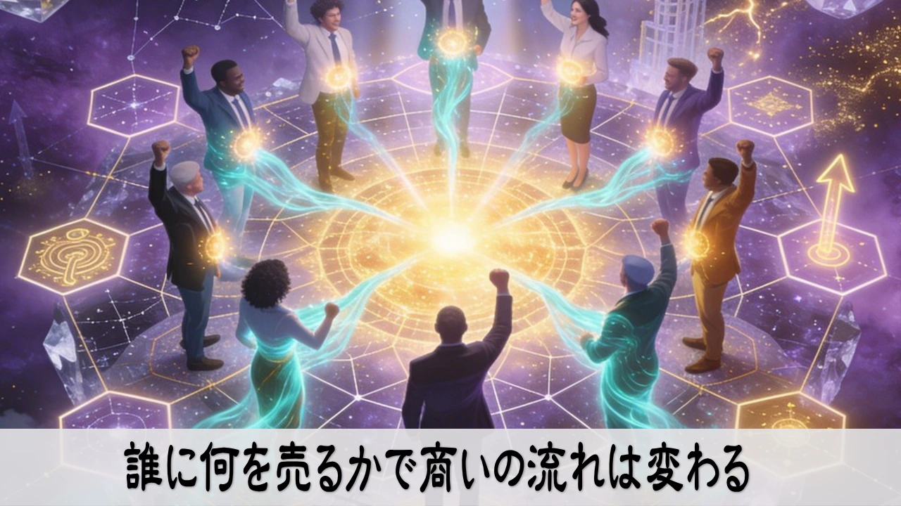 誰に何を売るかを整えて、商いの流れが見え始めるイメージ