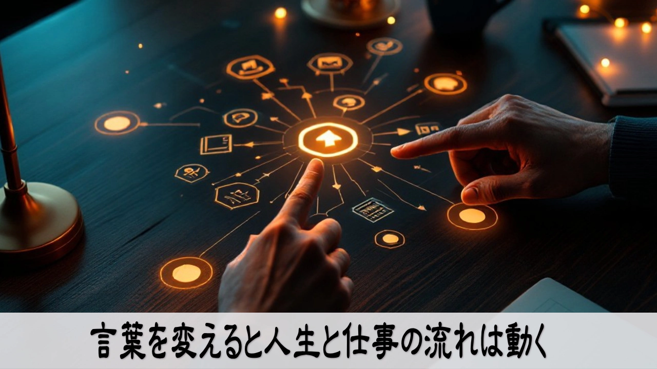 言葉を少し変えて行動が動き出し、人生と仕事の流れがやわらかく巡り始める希望のイメージ