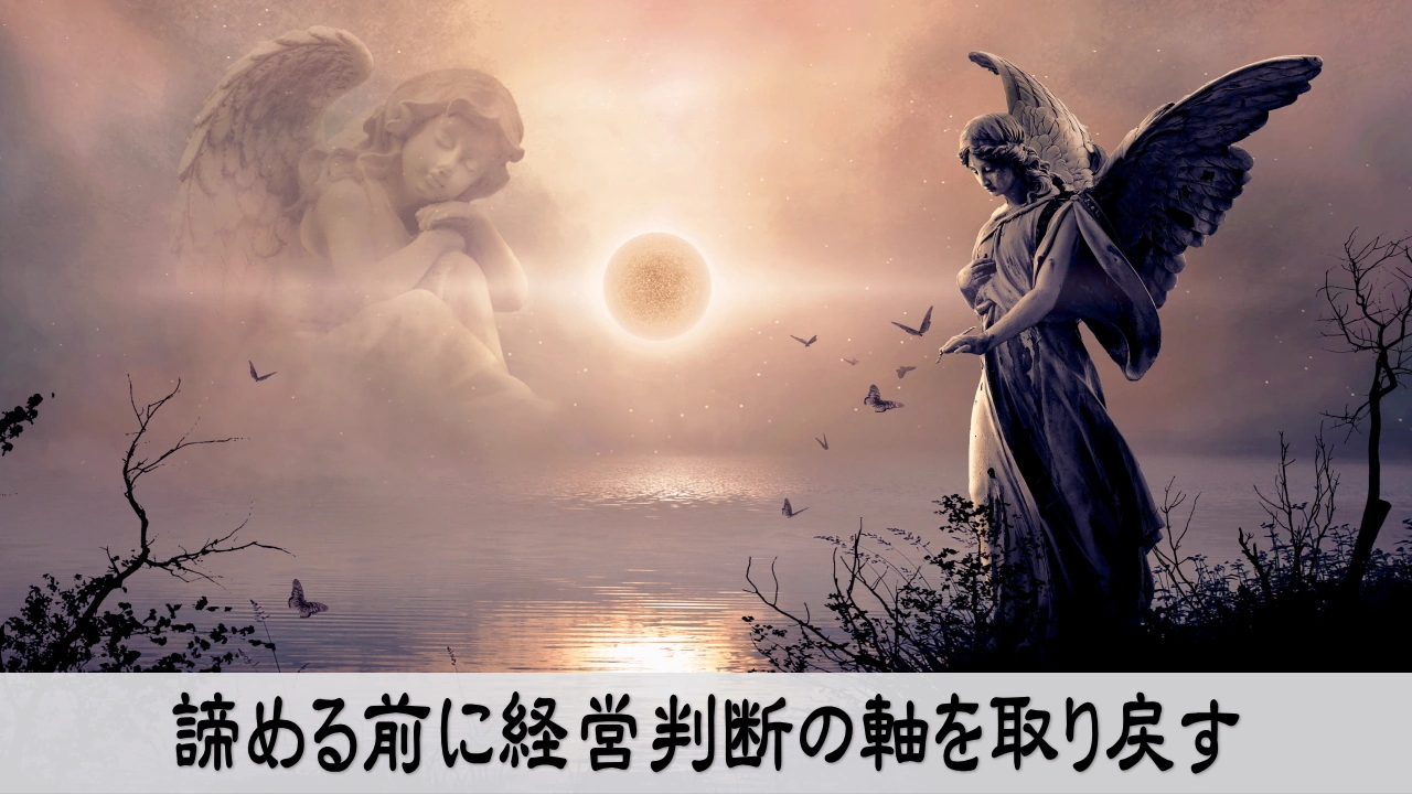 経営判断の軸をテーマに、諦める前に仕事の流れを見直し、落ち着きを取り戻す経営者の画像